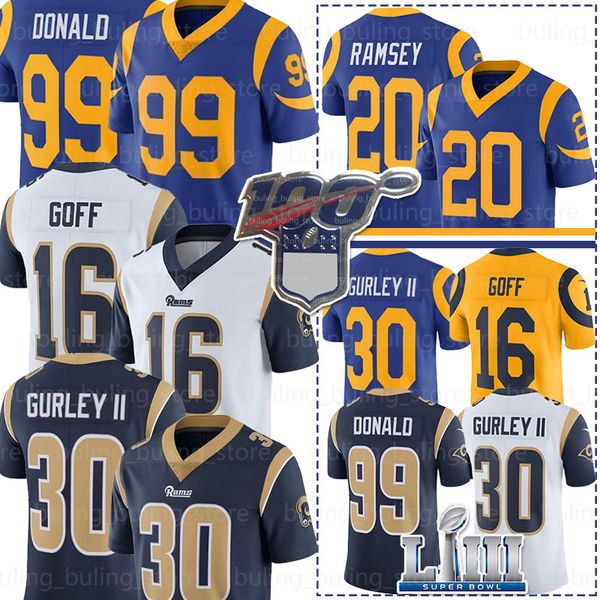 

99 aaron donald ram jer ey 30 todd gurley ii 20 jalen ram ey lo 16 jared goff angele 100th patch 2019 2020 men football jer ey, Black;red