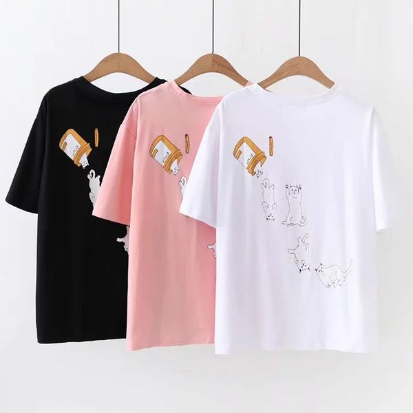 

в японском стиле мори девушка сыпучие-fit универсальный колледж стиль симпатичные кубок cat печать с коротким рукавом футболки 2019 весна и, White