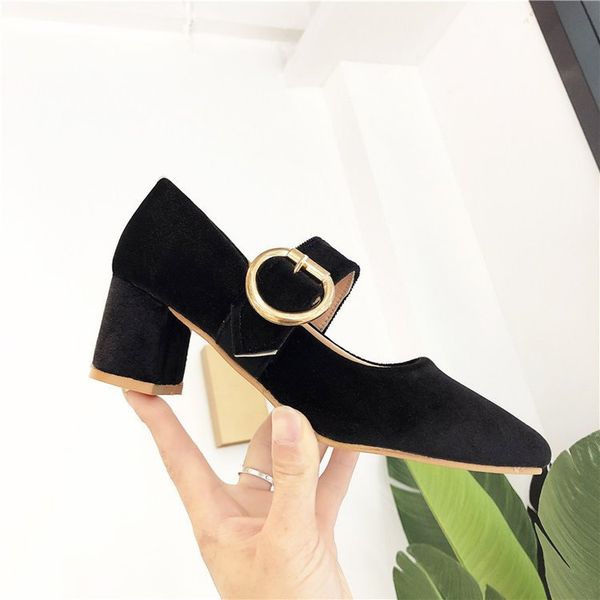 

2019 spring and autumn new style korean-style outer wear belt buckle low-cut chunky heel pointed-toe suede shoes women's, Black