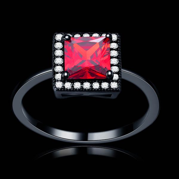 Big Square Fantasia 9 * 9mm Vermelho CZ Ouro Preto Cheio de Cristal Austríaco Anel De Casamento Noivado