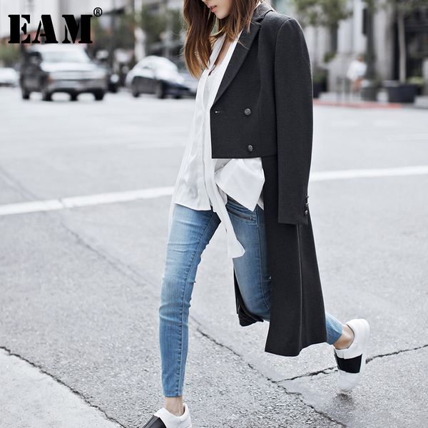 

eam] 2019 new autumn winter lapel black double breasted irregular split joint loose long jacket women coat fashion jg667, Black;brown