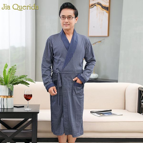 

men bath robes cotton 100% cotton bathrobe luxury men home clothing long sleeve belted stripe royal blue mens kimono robe, Black;brown