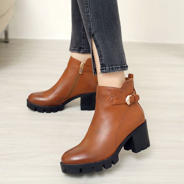 

brown black autumn winter women ankle boots casual thick high heel boots retro ladies shoes zipper 2020