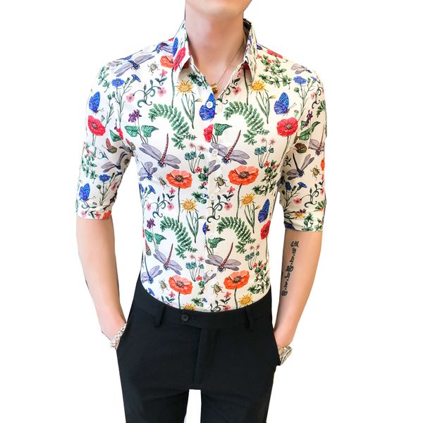 

fashion streetwear men floral shirt brand new men clothes 2020 summer half sleeve mens casual shirts slim fit club tuxedo 3xl, White;black