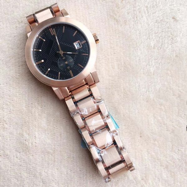 

new desigh 42mm dress rose gold mens watches quartz battery chronograph date men watch stainless steel bracelet black dial high grade buckle, Slivery;brown