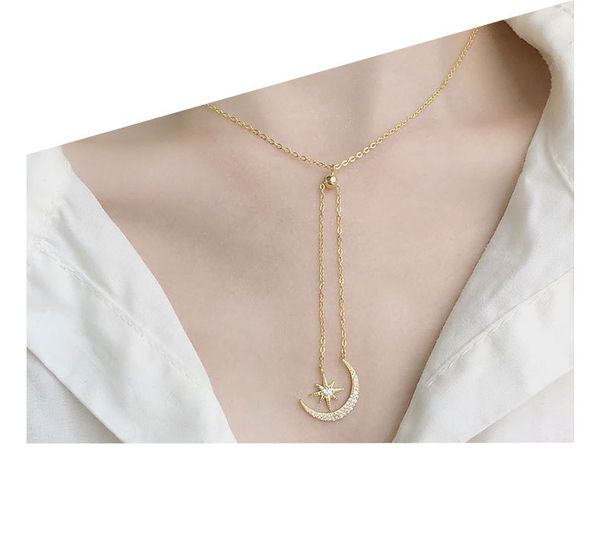 

yongcheng s925 sterling silver корейски регулируемые длинные и короткие подвески с цирконием алмаз звезды луна длинное ожерелье для женщин, Golden;silver