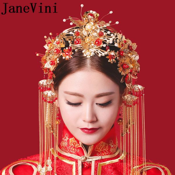 

janevini chinese ancient red beads luxury bridal hair pins gold sets pearl wedding bride headdress hair jewelry flower headpiece, Golden;white