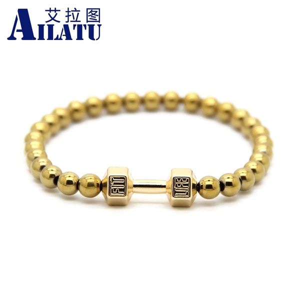 

ailatu men's power barbell jewellry wholesale 6mm hematite beads with alloy metal fitness dumbbell charm bracelets, Golden;silver