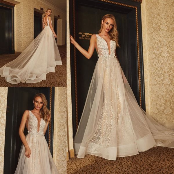 

calla blanche 2019 wedding dresses sleeveless v neck lace appliqued boho bridal gowns backless a line beach wedding dress custom, White