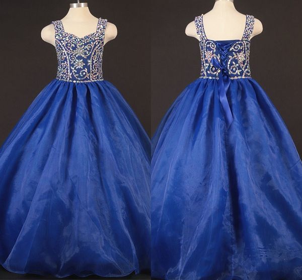 Royal Blue Organza Princess Little Girls Pageant Dress Spaghetti Lace-up Perline Strass Abito da festa Abiti da prima comunione per matrimonio