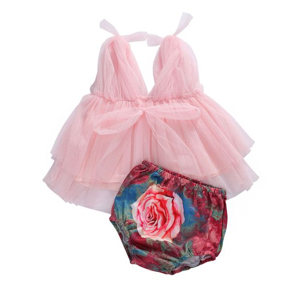 

summer newborn baby princess clothes baby girl sleeveless v-neck mesh tulle dress floral pp shorts 0-24m, White