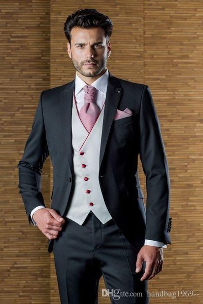 Modische One Button Schwarz Bräutigam Smoking Spitze Revers Groomsmen Bester Mann Mens Hochzeitsanzüge (Jacket + Pants + Vest + Tie) D: 197