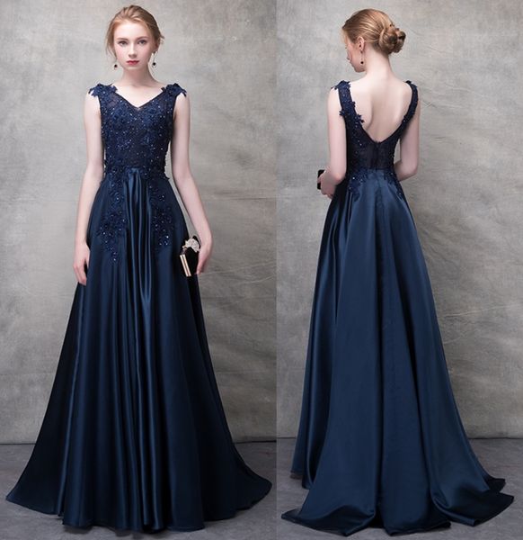

elegant dark navy v neck satin evening dresses formal wear sleeveless simple modest floor length prom dresses after party gowns, Black;red
