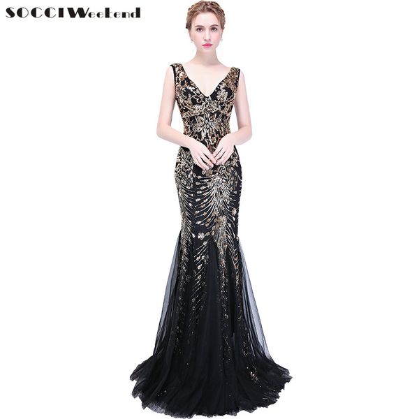 

long marmaid evening dress new black dark green double v sequined embroidery women the banquet party dresses sleeveless gowns, White;black
