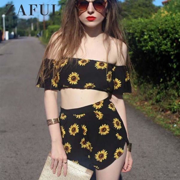 

2 set two piece casual women sunflower print summer off the shoulder crop shorts zipper beachwear women set, Gray