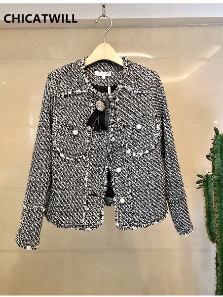 

chicatwill 2019 autumn winter pearls pockets women tweed jackets ladies gray outerwears, Black;brown