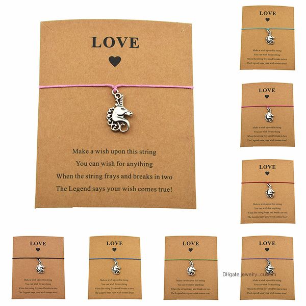

New Antique Silver Animal Unicorn Horse Head Love Card Bracelets Wax Cords Women Men Girls Boy Unisex Lucky Jewelry Gifts