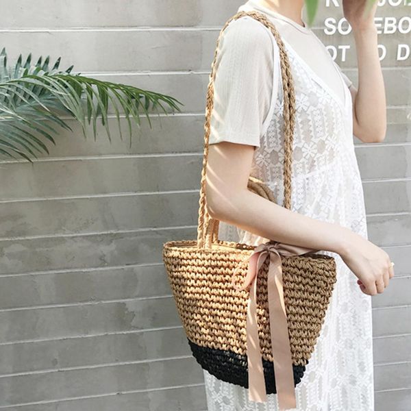 

banabanma ladies straw braid single shoulder bowknot bag beach handbag
