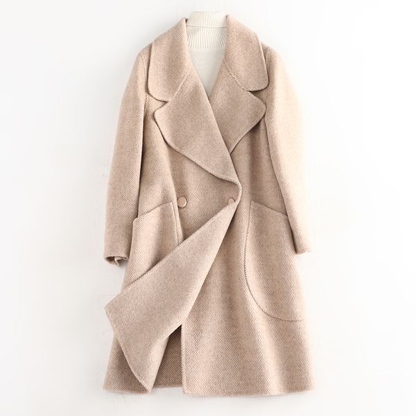 

2019 autumn winter new large size women cashmere coat fashion europen classical female overcoat stand collar long woolen coat, Black