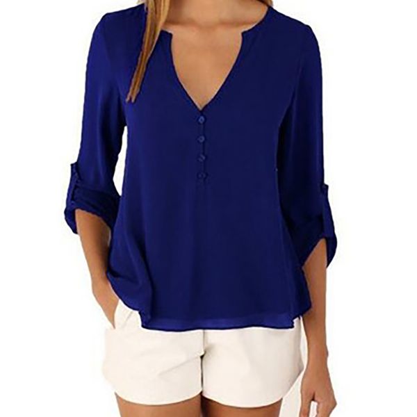 

fashion casual deep v neck button slim waist long sleeves chiffon blouse, White