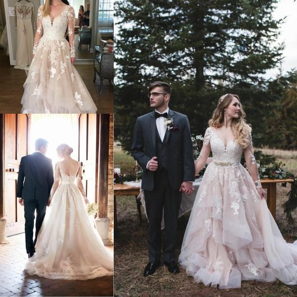 

lace long sleeves champagne wedding dresses with horsehair skirt 2019 lace applique princess garden country plus size wedding gown, White