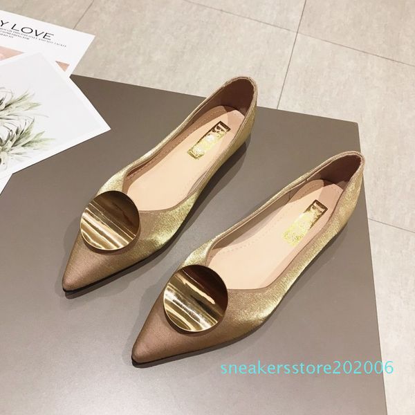 

2020 spring new soft leather metal round buckle shoes woman ballet flats pointed toe shallow mouth slip-on ladies loafers 16-05 s06, Black