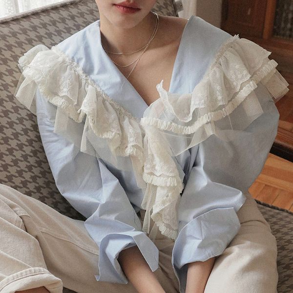 

new 2020 spring vintage v-neck asymmetric lace hook flower ruffle spliced loose long sleeve shirt female casual blouses, White