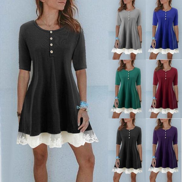 

women dresses summer 2019 women's button lace stitching short-sleeved solid color dress vestidos ing, Black;gray
