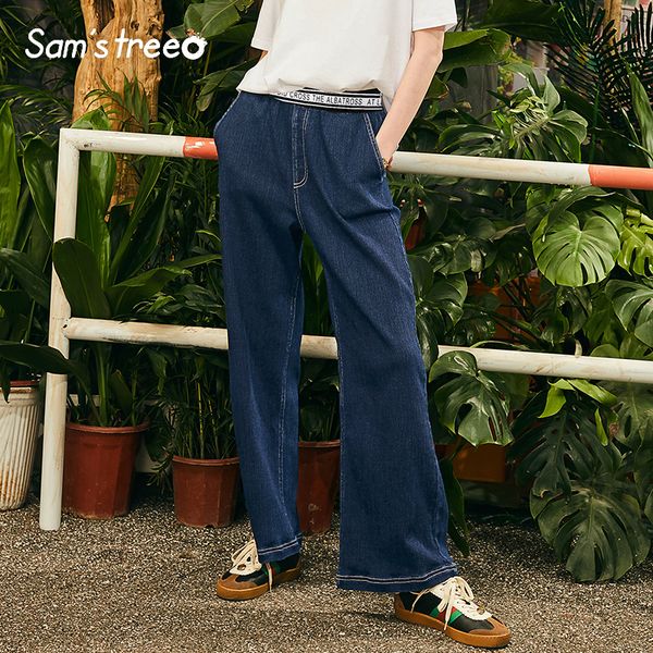 

women vintage blue pants wide leg denim full pants elastic waist high jeans