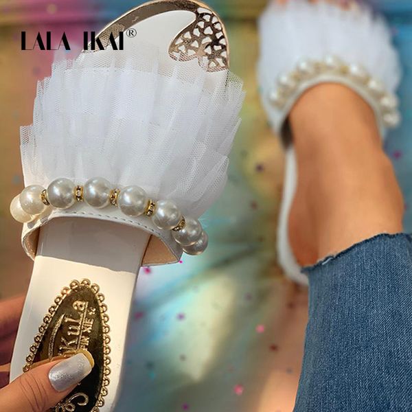 

lala ikai slippers women summer 2020 open toe beaded layered mesh insert flat sandals casual low heels party slippers xwa30537-4, Black