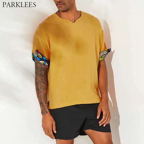 

solid patchwork african men shirt retro v neck splice africaine print mens short sleeve shirts casual loose summer men clothing, White;black