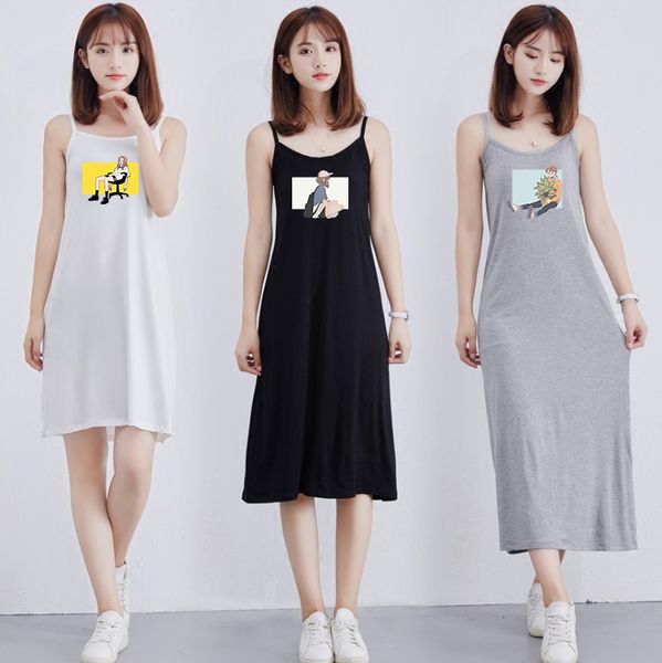 

trendy women's dress 2020 summer new breathable casual semi-long skirt fashion cartoon character printed pattern suspender dress, Black;gray