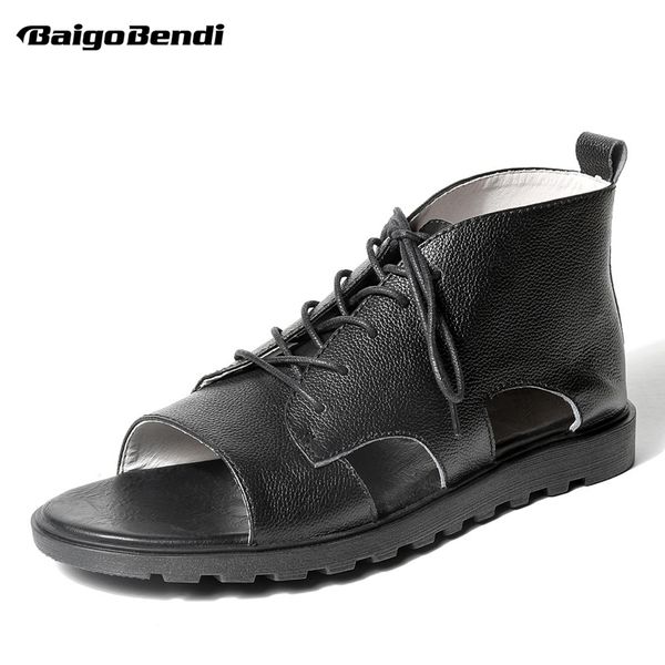 

vintage men's genuine leather lace up sandal roman style t-strap open-toe gladiator sandals trendy summer beach shoes, Black