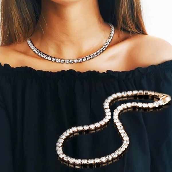 

1 шт. 1 строка горный хрусталь колье женщины мужские хип-хоп ожерелье bling кристалл цепи роскошные ювелирные изделия 3 цвета, Silver