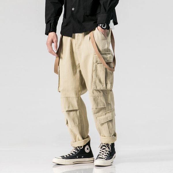 

мужчины multi-карман лента повседневный cargo pant streetwear hip hop гарем брюки мужские широкие ноги комбинезоны бегуны сыпучие sweatpants, Black