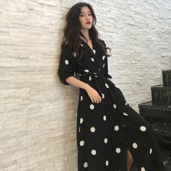 

womens clothes long sleeve dress summer womens dress korean style v neck ladies long dress casual half dot female designer clothes, Black;gray