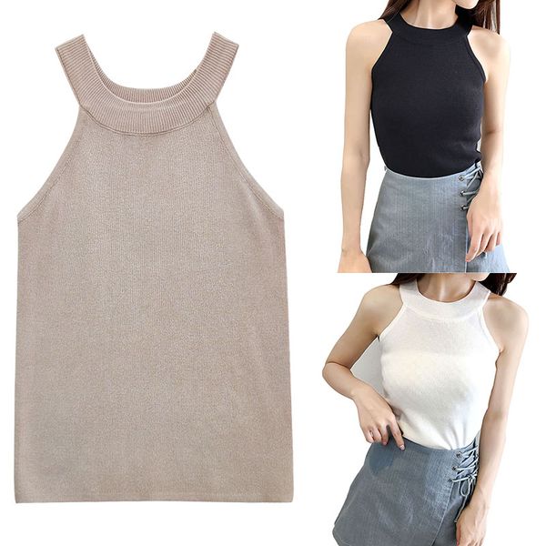 

women's tanks & camis solid color hanging neck short section knit vest slim stretch straight sling 3 colors, White
