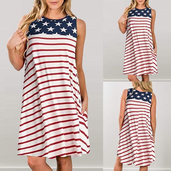 

summer bohemian dress 2019 womens casual pockets patriotic stripes star american flag print tank dress vestidos robe femme @4, Black;gray