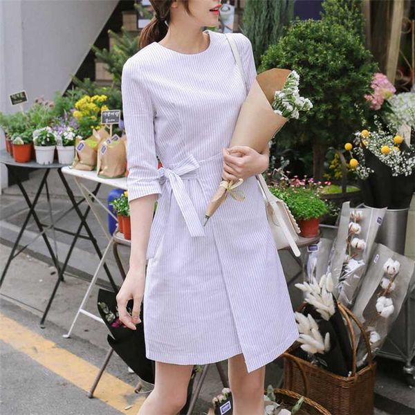 

высокая талия молния новый 2020 женщины весна лето платье повседневная полосатый асимметричный шнуровка лук модное платье dr9026, Black;gray