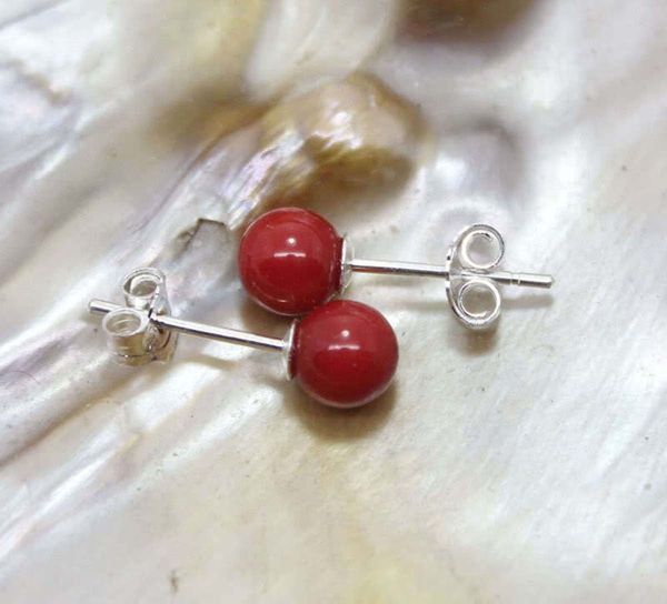 8MM Red Coral Rodada Beads 925 Silver Stud Brinco Y4408