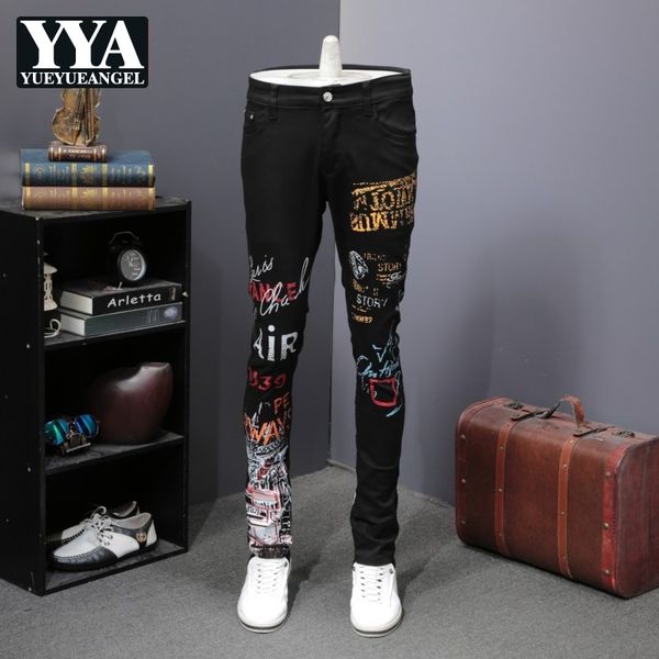 

new fashion printed mens stretchy denim pencil pants full length black high street jeans male casual slim fit skinny trousers, Blue