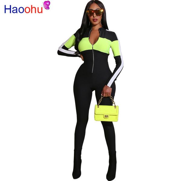 

neon stripes skinny overall for women long sleeve zipper front bodycon one piece jumpsuits plus size bandage party rompers, Black;white