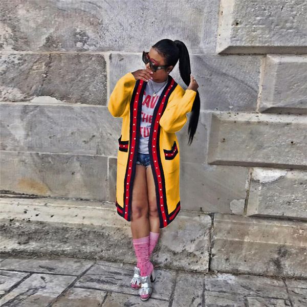 

Long Sleeve Ribbon Print Cardigan Womens Sweaters With Pockets Spring Summer Contrast Color Loose Womens Apparel