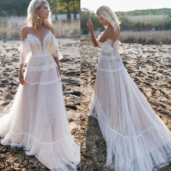 

spaghetti lace beach wedding dresses 2019 backless sweep train boho bridal gowns sweep train robe de mariÃ©e, White