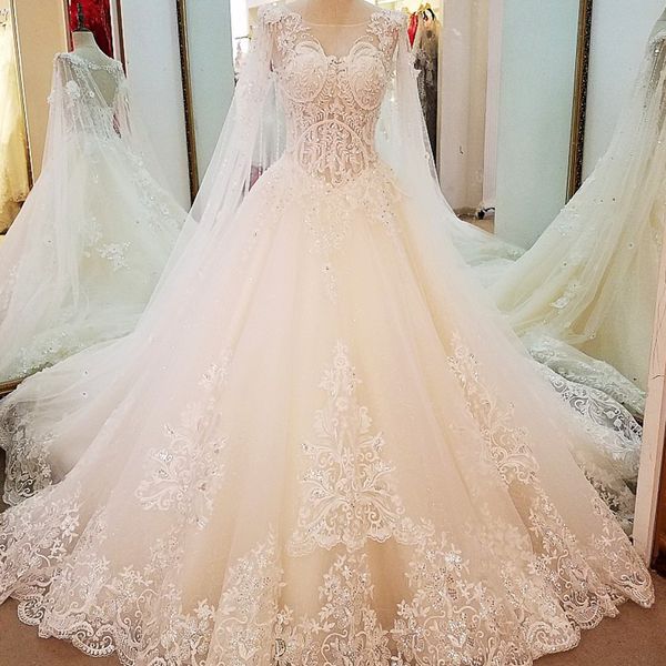 

иллюзия аппликация свадебное платье 2019 линия o-образным вырезом зашнуровать обратно бисером кристаллы свадебные платья с длинным плащом пр, White