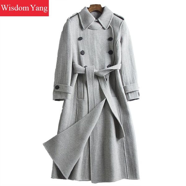 

elegant women grey sheep wool coats trench woman winter slim 2018 female xlong woolen overcoat coat belt ladies loose outerwear, Black