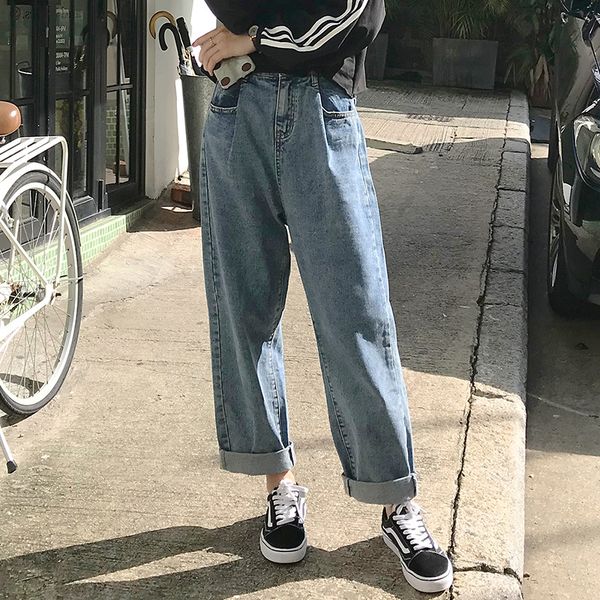 

high waist fashion loose women korean straight women zipper wide leg pants, Blue