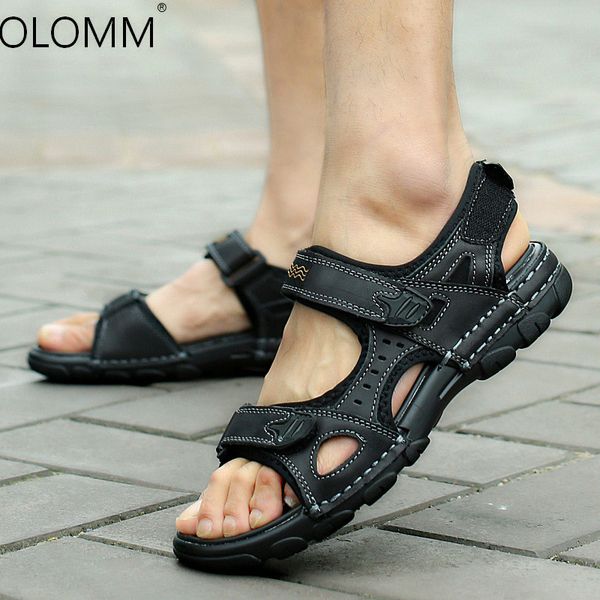 

2019 summer mens sandals leather beach casual outdoor large size cowhide zapatos de hombre mens sandals summer, Black