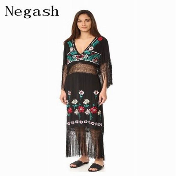 

negash europe long dress women vintage black tassel floral embroidered boho dress boheiman style loose maxi beach vestido, Black;gray