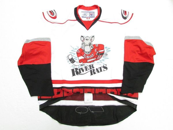 

custom albany river rats ahl white jersey stitch add any number any name mens hockey jersey xs-6xl, Black;red